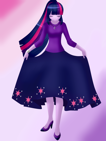 Size: 6000x8000 | Tagged: absurd resolution, artist:cynthiaevans, bracelet, clothes, curtsey, cutie mark on clothes, derpibooru import, dress, eyes closed, gradient background, high heels, human, humanized, jewelry, long skirt, necklace, ponytail, safe, shoes, skirt, twilight sparkle