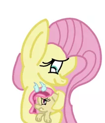 Size: 368x431 | Tagged: safe, artist:snoopy7c7, derpibooru import, fluttershy, oc, oc:bedlam, hybrid, kindverse, female, interspecies offspring, mother and daughter, offspring, parent:discord, parent:fluttershy, parents:discoshy, story included