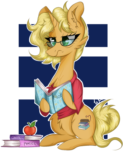 Size: 1066x1307 | Tagged: safe, artist:woonborg, derpibooru import, oc, oc:study guide, unofficial characters only, pony, unicorn, apple, book, cheek fluff, chest fluff, clothes, ear fluff, female, fluffy, food, glasses, grumpy, mare, reading, shirt, signature, simple background, sitting, solo, sweater, textbook, tired, transparent background