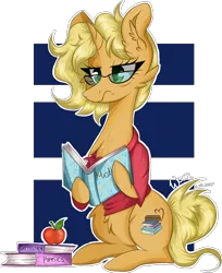 Size: 1066x1307 | Tagged: safe, artist:woonborg, derpibooru import, oc, oc:study guide, unofficial characters only, pony, unicorn, apple, book, cheek fluff, chest fluff, clothes, ear fluff, female, fluffy, food, glasses, grumpy, mare, reading, shirt, signature, simple background, sitting, solo, sweater, textbook, tired, transparent background