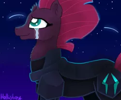 Size: 1389x1152 | Tagged: safe, artist:hollistars, derpibooru import, tempest shadow, pony, unicorn, my little pony: the movie, armor, broken horn, chest fluff, crying, cute, female, mare, night, smiling, solo, stars, tears of joy, tempestbetes, when she smiles