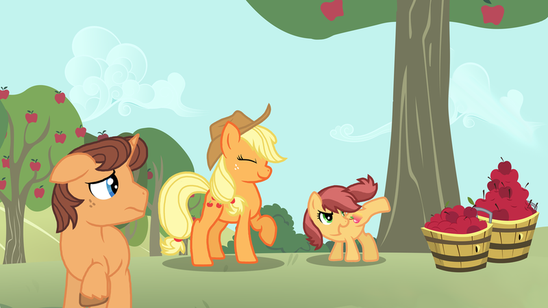 Size: 1024x576 | Tagged: safe, artist:saukapie, derpibooru import, applejack, oc, oc:honey crisp, oc:solar flare, earth pony, pony, unicorn, offspring, parent:applejack, parent:caramel, parents:carajack, story included