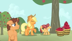 Size: 1024x576 | Tagged: safe, artist:saukapie, derpibooru import, applejack, oc, oc:honey crisp, oc:solar flare, earth pony, pony, unicorn, offspring, parent:applejack, parent:caramel, parents:carajack, story included