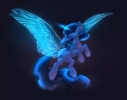 Size: 2532x1998 | Tagged: safe, artist:nightskrill, derpibooru import, oc, unofficial characters only, pony, unicorn, artificial wings, augmented, black background, female, glowing horn, looking at you, magic, magic wings, mare, simple background, smiling, solo, wings