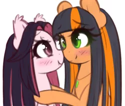 Size: 1908x1623 | Tagged: safe, artist:fluffymaiden, derpibooru import, oc, oc:mystic howl, oc:pumpkin spice, unofficial characters only, pony, cute, female, lesbian, looking at each other, mare, oc x oc, shipping, simple background