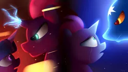 Size: 4098x2304 | Tagged: safe, artist:a8f12, derpibooru import, tempest shadow, twilight sparkle, twilight sparkle (alicorn), alicorn, unicorn, ursa minor, my little pony: the movie, broken horn, crying, high res, sparks