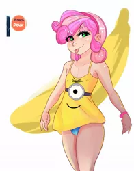 Size: 1344x1712 | Tagged: suggestive, artist:dragk, derpibooru import, sweetie belle, human, :p, adorasexy, arm band, banana, blue underwear, breasts, clothes, cute, delicious flat chest, despicable me, erect nipples, female, flatie belle, food, hairband, happy birthday mlp:fim, humanized, looking at you, minions, mlp fim's seventh anniversary, nipple outline, nipples, nudity, panties, patreon, patreon logo, patreon reward, sexy, simple background, smiling, solo, solo female, stupid sexy sweetie belle, teenager, tongue out, underwear, white background