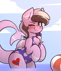 Size: 3000x3500 | Tagged: safe, artist:whitepone, derpibooru import, oc, oc:ashee, unofficial characters only, original species, pony, shark, shark pony, beach, beach ball, blushing, bow, clothes, fangs, female, mare, one eye closed, one-piece swimsuit, smiling, standing, suggestive source, swimsuit, wet, wink