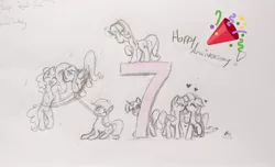 Size: 1024x623 | Tagged: alicorn, applejack, artist:loneless-art, derpibooru import, fluttershy, happy birthday mlp:fim, mlp fim's seventh anniversary, pinkie pie, rainbow dash, rarity, safe, starlight glimmer, traditional art, twilight sparkle, twilight sparkle (alicorn)