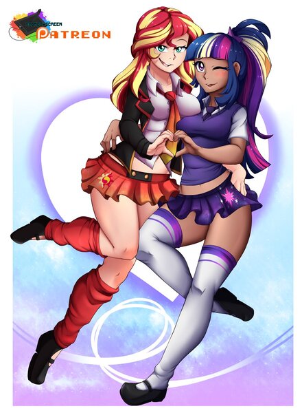 Size: 880x1200 | Tagged: dead source, suggestive, alternate version, artist:rainbowscreen, derpibooru import, sunset shimmer, twilight sparkle, human, breasts, clothes, cutie mark, dark skin, duo, female, heart, heart hands, humanized, leg warmers, lesbian, looking at you, mary janes, midriff, miniskirt, moderate dark skin, one eye closed, patreon, patreon logo, ponytail, school uniform, shipping, shoes, skirt, smiling, socks, stockings, stupid sexy sunset shimmer, stupid sexy twilight, sunsetsparkle, thigh highs, thighs, wink, zettai ryouiki