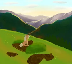 Size: 2430x2140 | Tagged: applejack, artist:northstar-studios, derpibooru import, grass, hill, looking up, missing accessory, morning, mountain, outdoors, safe, scenery, sitting, sky, solo, sunrise