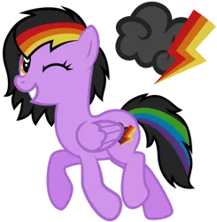 Size: 600x613 | Tagged: safe, artist:lost-our-dreams, derpibooru import, oc, oc:rainbow streak, unofficial characters only, pegasus, pony, cutie mark background, female, mare, offspring, one eye closed, parent:rainbow dash, parent:soarin', parents:soarindash, rainbow hair, simple background, solo, transparent background, wink