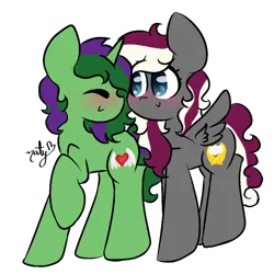 Size: 768x768 | Tagged: safe, artist:naty7913, derpibooru import, oc, oc:charcoal dust, oc:mint heart, unofficial characters only, pegasus, pony, unicorn, blushing, eyes closed, female, mare, nuzzling, simple background, transparent background