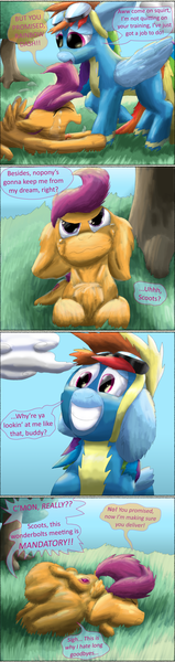 Size: 1712x6470 | Tagged: alternate cutie mark, angry, artist:firefanatic, clothes, comic, crying, derpibooru import, dialogue, endosoma, fetish, fluffy, non-fatal vore, preydash, questionable, rainbow dash, scootaloo, scootapred, soft vore, uniform, vore, wonderbolts uniform