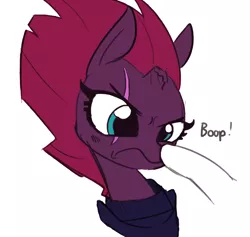 Size: 1134x1075 | Tagged: safe, artist:tjpones, color edit, derpibooru import, edit, fizzlepop berrytwist, tempest shadow, pony, unicorn, my little pony: the movie, boop, broken horn, colored, cute, eye scar, female, frown, hooves, mare, non-consensual booping, offscreen character, partial color, scar, simple background, solo focus, tempest shadow is not amused, tempestbetes, this will end in pain, tsundere shadow, unamused, white background