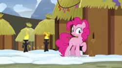 Size: 1280x720 | Tagged: safe, derpibooru import, screencap, pinkie pie, pony, not asking for trouble, hole, hut, solo, yakyakistan