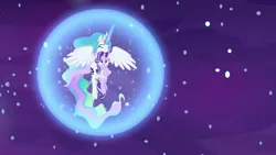 Size: 1280x720 | Tagged: safe, derpibooru import, screencap, princess celestia, starlight glimmer, pony, a royal problem, comforting, dream walker celestia, eyes closed, holding a pony, looking up, magic bubble, momlestia fuel, sadlight glimmer, spread wings, swapped cutie marks, wings