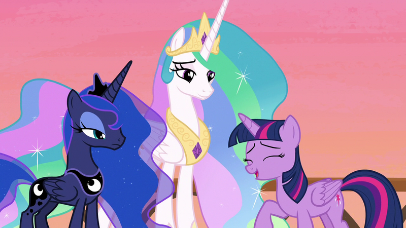 Size: 1280x720 | Tagged: safe, derpibooru import, screencap, princess celestia, princess luna, twilight sparkle, twilight sparkle (alicorn), alicorn, pony, a royal problem, amused, celestia is amused, eyes closed, lidded eyes, luna is not amused, momlestia fuel, raised hoof, royal sisters, trio, twilight sparkle is amused, unamused, varying degrees of amusement