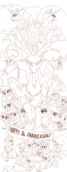 Size: 1240x3157 | Tagged: safe, artist:dankflank, derpibooru import, apple bloom, applejack, bon bon, daybreaker, derpy hooves, discord, fluttershy, gummy, king sombra, lord tirek, lyra heartstrings, nightmare moon, pinkie pie, princess cadance, princess flurry heart, queen chrysalis, rainbow dash, rarity, scootaloo, shining armor, spike, starlight glimmer, sweetie belle, sweetie drops, trixie, twilight sparkle, alicorn, centaur, changeling, changeling queen, draconequus, dragon, earth pony, pegasus, pony, unicorn, banner, cake, element of magic, fangs, female, flag pole, food, happy birthday mlp:fim, mlp fim's seventh anniversary, monochrome, quadrupedal, rearing, sketch, wip