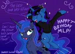 Size: 4823x3445 | Tagged: safe, artist:darkest-lunar-flower, derpibooru import, princess luna, oc, oc:darkest lunar flower, alicorn, pony, unicorn, clothes, duo, female, happy, happy birthday mlp:fim, luna is not amused, mare, missing accessory, mlp fim's seventh anniversary, unamused