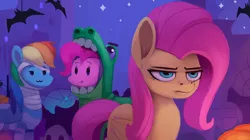 Size: 1200x674 | Tagged: safe, artist:rodrigues404, derpibooru import, fluttershy, pinkie pie, rainbow dash, bat, earth pony, pegasus, pony, :3, beady eyes, clothes, costume, female, fluttershy is not amused, halloween, holiday, night, trio, unamused