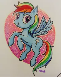 Size: 2161x2702 | Tagged: safe, artist:molassive, derpibooru import, rainbow dash, pegasus, pony, abstract background, female, flying, mare, marker drawing, solo, traditional art