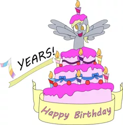 Size: 3219x3256 | Tagged: safe, artist:trash anon, derpibooru import, derpy hooves, pegasus, pony, :d, bow, cake, candle, female, food, frosting, happy birthday, happy birthday mlp:fim, jumping out of cake, mare, mlp fim's seventh anniversary, open mouth, ribbon, smiling, spread wings, wings