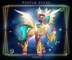 Size: 3840x3232 | Tagged: safe, artist:zidanemina, derpibooru import, oc, oc:purple shade, unofficial characters only, bat pony, armor, bat pony oc, fangs, horoscope, pisces, raised hoof, saint seiya, solo