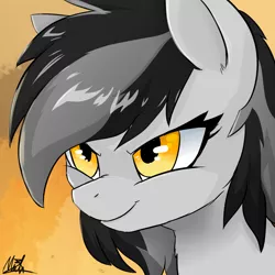 Size: 920x920 | Tagged: dead source, safe, artist:morningbullet, derpibooru import, oc, oc:noot, unofficial characters only, pony, bust, determined, female, mare, portrait, signature, smiling, smirk, solo