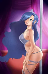 Size: 585x900 | Tagged: artist:thebrokencog, breasts, canterlot club, clothes, commission, curvy, derpibooru import, female, hair over one eye, human, humanized, looking at you, open mouth, pole dancing, princess luna, sexy, smiling, solo, solo female, stripper pole, suggestive