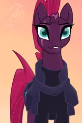 Size: 2000x3000 | Tagged: safe, artist:soctavia, derpibooru import, tempest shadow, pony, unicorn, my little pony: the movie, armor, broken horn, cute, eye scar, female, happy, lip bite, mare, scar, simple background, smiling, solo, tempestbetes