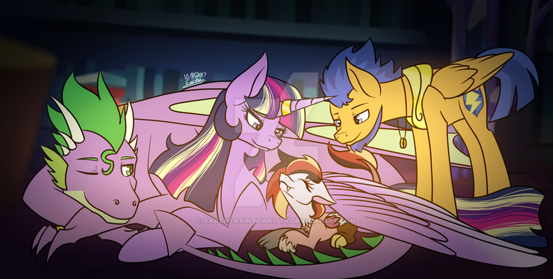 Size: 1024x516 | Tagged: safe, artist:earthyrainbowkitty, derpibooru import, flash sentry, spike, twilight sparkle, twilight sparkle (alicorn), oc, oc:crazy dawn, alicorn, draconequus, dragon, hybrid, pegasus, pony, unicorn, family, female, flashlight, interspecies offspring, male, next generation, offspring, parent:discord, parent:princess celestia, parents:dislestia, shipping, straight, watermark