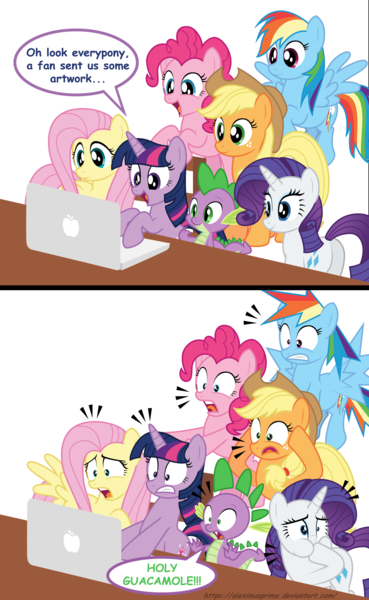 Size: 1600x2605 | Tagged: applejack, artist:aleximusprime, comic, computer, derpibooru import, dragon, fluttershy, laptop computer, mane seven, mane six, pinkie pie, rainbow dash, rarity, reaction, redraw, safe, spike, twilight sparkle