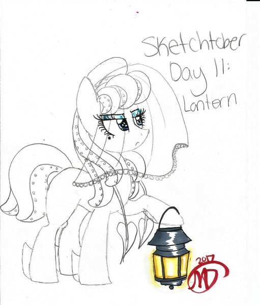 Size: 1024x1202 | Tagged: safe, artist:crystalizedflames, derpibooru import, oc, oc:rozovaya, unofficial characters only, original species, pony, squidpony, female, lantern, mare, partial color, sketch, solo, splatoon, traditional art