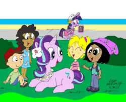 Size: 2592x2100 | Tagged: safe, artist:newportmuse, derpibooru import, starlight glimmer, twilight sparkle, twilight sparkle (alicorn), alicorn, human, pony, unicorn, cap, clothes, cosplay, costume, equestria girls outfit, flower necklace, hat, hawaiian flower in hair