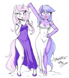 Size: 2440x2752 | Tagged: safe, artist:danmakuman, derpibooru import, fleur-de-lis, oc, oc:shining star, anthro, earth pony, unguligrade anthro, unicorn, fanfic, adorasexy, armpits, blushing, breasts, busty fleur-de-lis, cleavage, clothes, crossed legs, curvy, cute, dress, eyelashes, eyeshadow, fanfic art, female, fleurabetes, glasses, hand on hip, high heels, hoof shoes, legs, makeup, mare, meganekko, miss fleur is trying to seduce us, ocbetes, open mouth, sexy, shoes, side slit, simple background, the model's secretary, thighs, white background, white dress, wide hips