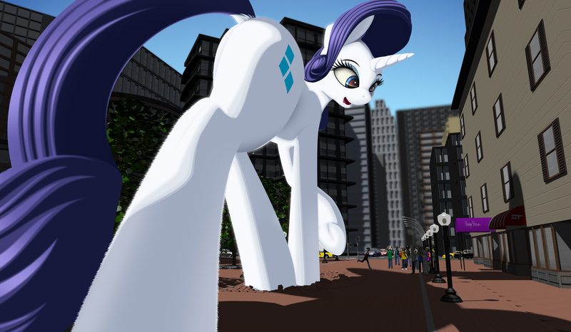 Size: 3520x2050 | Tagged: safe, artist:styroponyworks, derpibooru import, rarity, human, pony, unicorn, 3d, blender, car, city, clothes, dock, female, giant pony, looking at something, macro, mare, mixed media, open mouth, people, plot, solo, underhoof, walking, window shopping