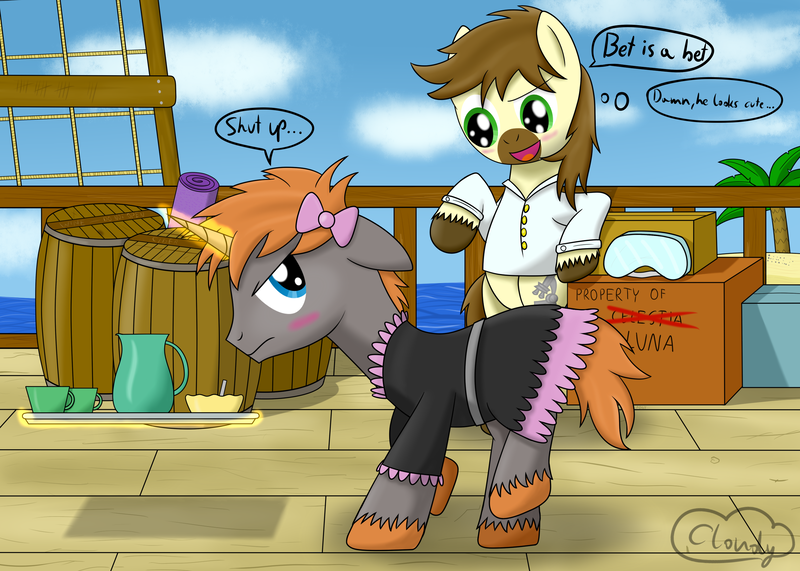 Size: 2800x2000 | Tagged: safe, artist:cloudy95, derpibooru import, oc, oc:ardent shield, oc:calpain, unofficial characters only, earth pony, pony, unicorn, barrel, clothes, crossdressing, goggles, high res, magic, maid, male, ocean, ship, stallion, tray