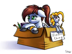 Size: 1407x1051 | Tagged: safe, artist:skorpionletun, derpibooru import, surprise, oc, oc:skorpionletun, pegasus, pony, box, female, mare, pencil, plushie, pony in a box, rule 63, sad