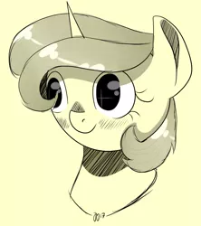 Size: 959x1080 | Tagged: safe, artist:equestriansketcher, derpibooru import, oc, oc:tiffy, unofficial characters only, pony, unicorn, blushing, bust, commission, eye sparkles, female, horn, mare, monochrome, portrait, sketch, solo, wingding eyes, yellow