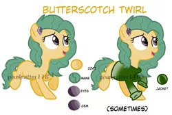 Size: 2353x1584 | Tagged: safe, artist:pixelpatter116, derpibooru import, oc, oc:butterscotch twirl, unofficial characters only, earth pony, pony, clothes, color palette, female, hairclip, mare, offspring, parent:snails, parent:twist, parents:snailstwist, shirt, solo, watermark