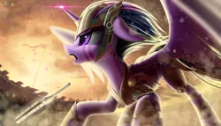 Size: 1983x1133 | Tagged: safe, artist:zigword, derpibooru import, twilight sparkle, twilight sparkle (alicorn), alicorn, pony, armor, badass, female, mare, open mouth, solo, sword, thor, thor: ragnarok, warrior twilight sparkle, weapon