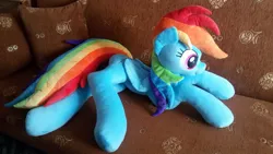 Size: 1143x643 | Tagged: safe, artist:rosamariposacrafts, derpibooru import, rainbow dash, pony, irl, life size, photo, plushie, prone, solo