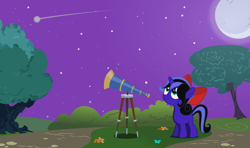 Size: 7000x4156 | Tagged: safe, artist:xenoneal, derpibooru import, oc, oc:star, unofficial characters only, pony, unicorn, absurd resolution, bow, female, filly, hair bow, moon, night, shooting star, solo, telescope, tree