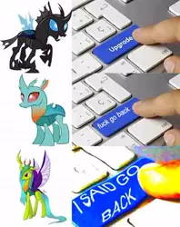 Size: 416x525 | Tagged: safe, derpibooru import, cornicle, queen chrysalis, changedling, changeling, changeling drama, deep fried meme, drama, exploitable meme, keyboard, meme, needs more jpeg, purified chrysalis, upgrade, upgrade meme, vulgar