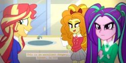 Size: 1024x512 | Tagged: safe, artist:wubcakeva, derpibooru import, adagio dazzle, aria blaze, sunset shimmer, equestria girls, rainbow rocks, bathroom, clothes, crossover, dialogue, grin, heathers, nervous, nervous grin, school uniform, smiling, the dazzlings