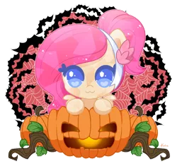 Size: 800x760 | Tagged: safe, artist:exceru-karina, derpibooru import, oc, oc:bloom flower, unofficial characters only, bat, crystal pony, pony, abstract background, cute, female, halloween, headband, holiday, jack-o-lantern, mare, ocbetes, pumpkin, simple background, solo, transparent background, wingding eyes, ych result