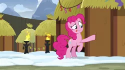 Size: 1280x720 | Tagged: safe, derpibooru import, screencap, pinkie pie, pony, not asking for trouble, hut, solo, tongue out, yakyakistan