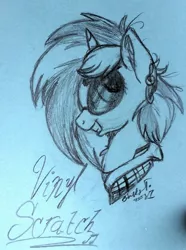 Size: 1393x1876 | Tagged: safe, artist:binkyt11, derpibooru import, vinyl scratch, pony, unicorn, blue background, bust, chest fluff, ear fluff, ear piercing, earring, female, flannel, implied octavia, jewelry, mare, messy mane, monochrome, music notes, piercing, portrait, signature, simple background, smiling, solo, sunglasses, tattoo, traditional art