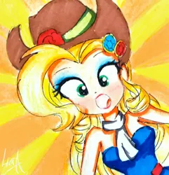 Size: 1974x2045 | Tagged: safe, artist:liaaqila, derpibooru import, applejack, eqg summertime shorts, equestria girls, make up shake up, applejewel, clothes, fall formal outfits, looking at you, makeup, solo, surprised, traditional art